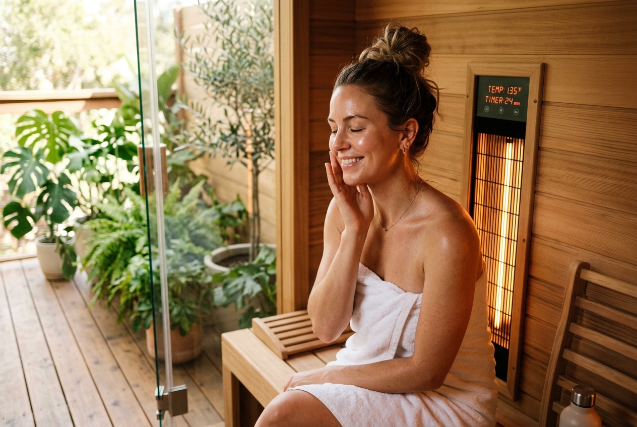 Woman relaxing inside a cedar wood infrared sauna experiencing radiant heat therapy for skin circulation and wellness